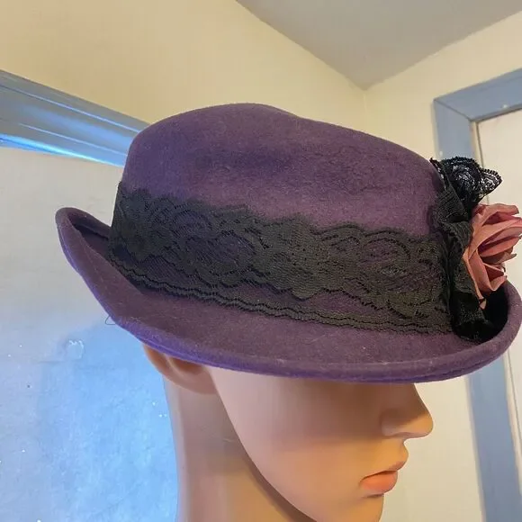 Vintage 70s Women Hat 100% Wool Purple Rose Black Lace Royal Core Gothic Grunge - Picture 9 of 11